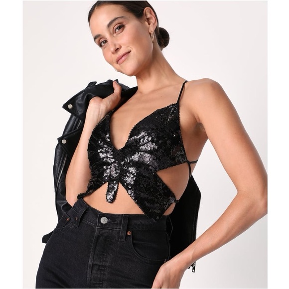 NWT Steve Madden Kai Black Sequin Lace-Up Backless Butterfly Top - Picture 1 of 8
